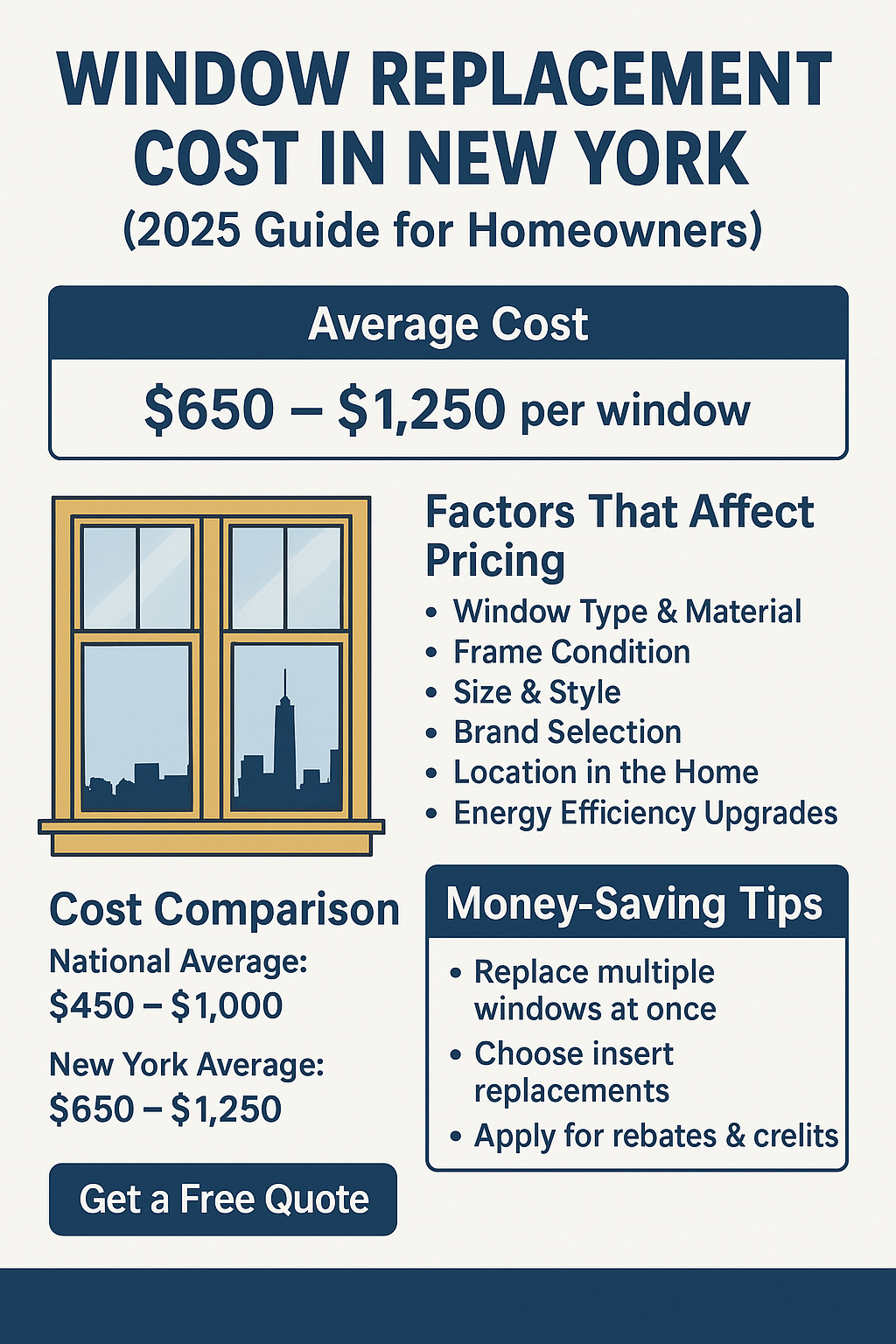 2025 New York window replacement costs with pricing, factors, and money-saving tips.